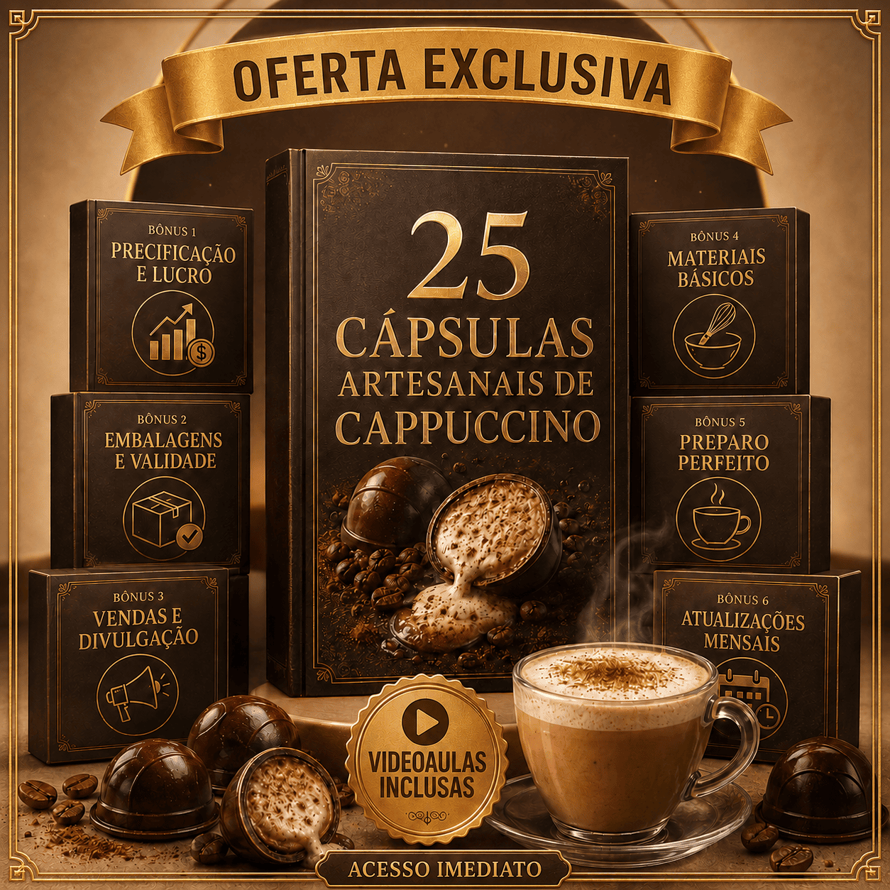 Mockup do treinamento de Cápsulas Artesanais de Cappuccino com videoaulas e bônus